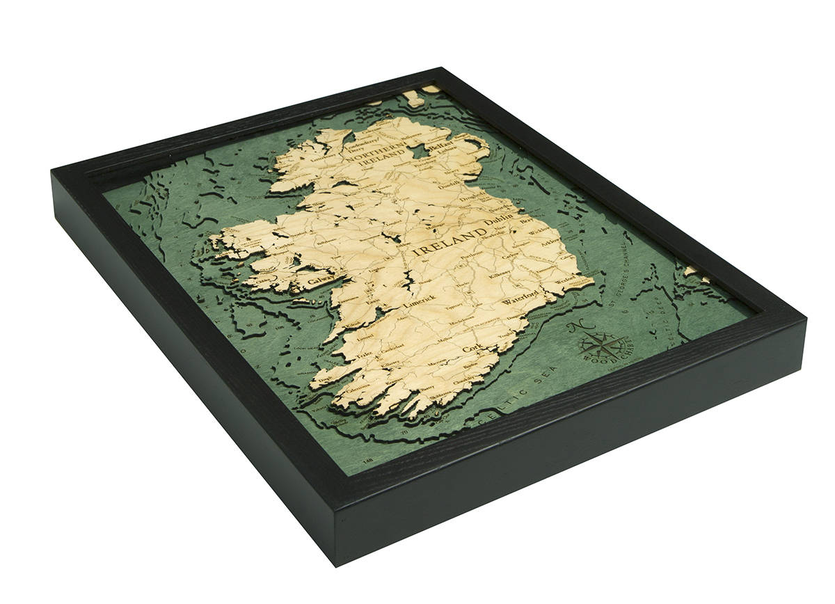 Ireland 3D layered wood map in laser-cut Baltic birch, shown framed against a light wall