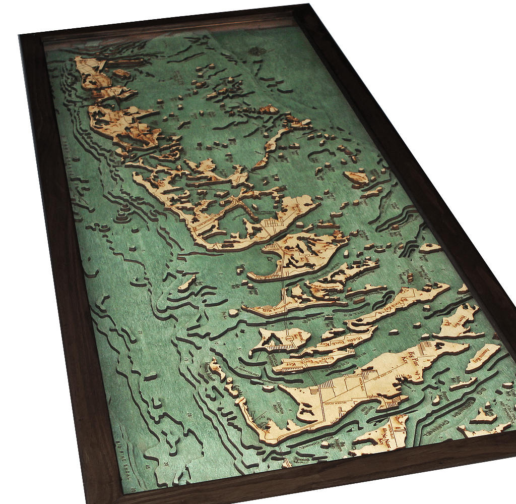 Florida Keys 3D layered wood map in laser-cut Baltic birch, shown framed against a light wall