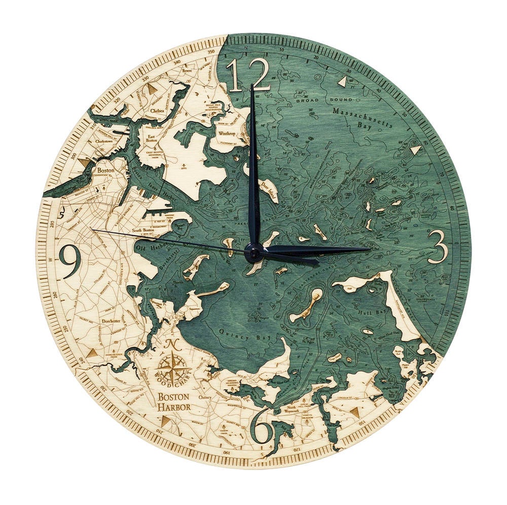 Boston Harbor, Massachusetts wood wall clock in laser-cut Baltic birch, shown framed against a light wall