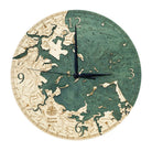 Boston Harbor, Massachusetts wood wall clock in laser-cut Baltic birch, shown framed against a light wall