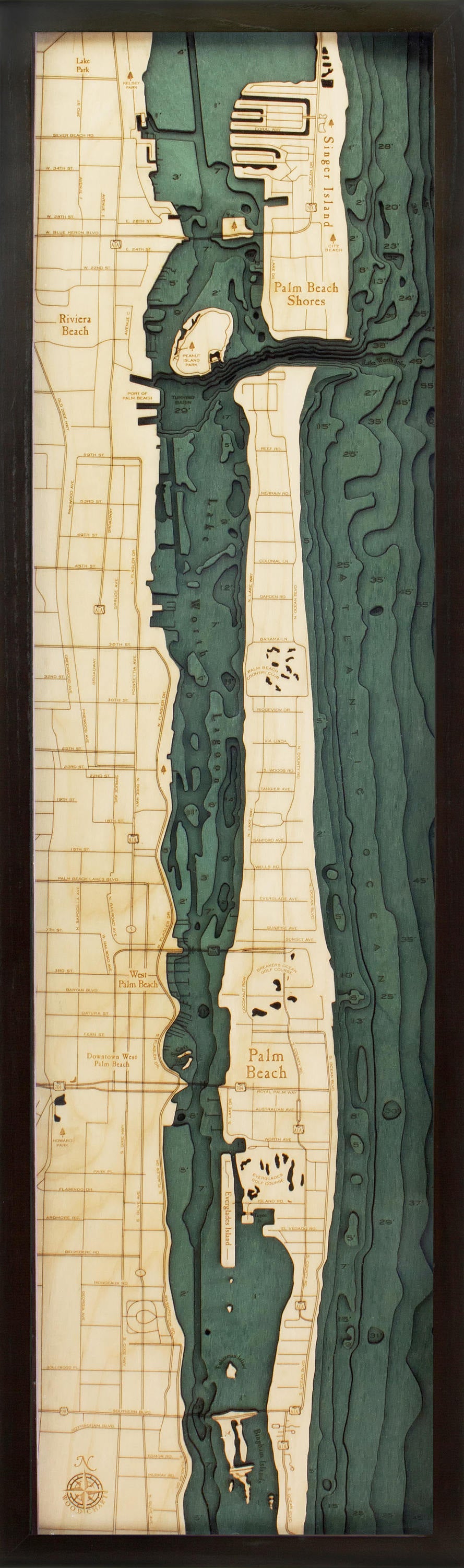 Palm Beach, Florida 3D layered wood map in laser-cut Baltic birch, shown framed against a light wall