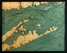 East Long Island Sound 3D layered wood map in laser-cut Baltic birch, shown framed against a light wall