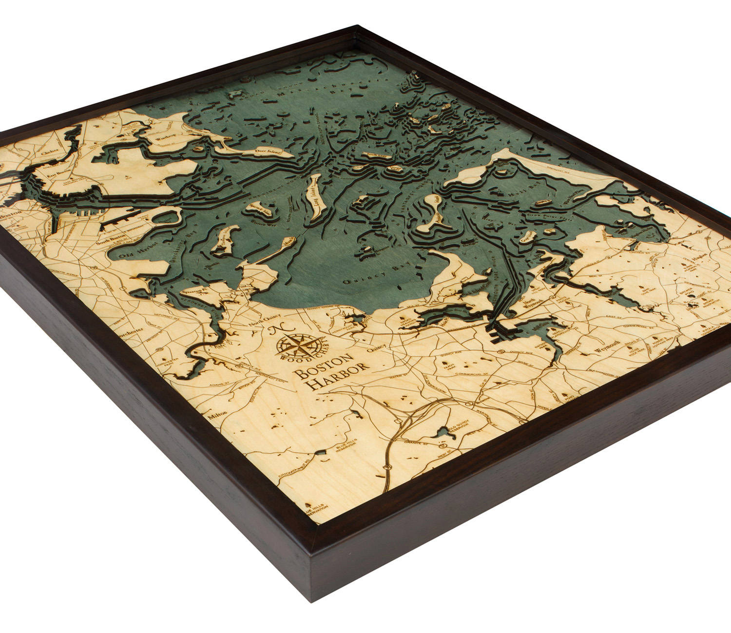 Boston Harbor, Massachusetts 3D layered wood map in laser-cut Baltic birch, shown framed against a light wall