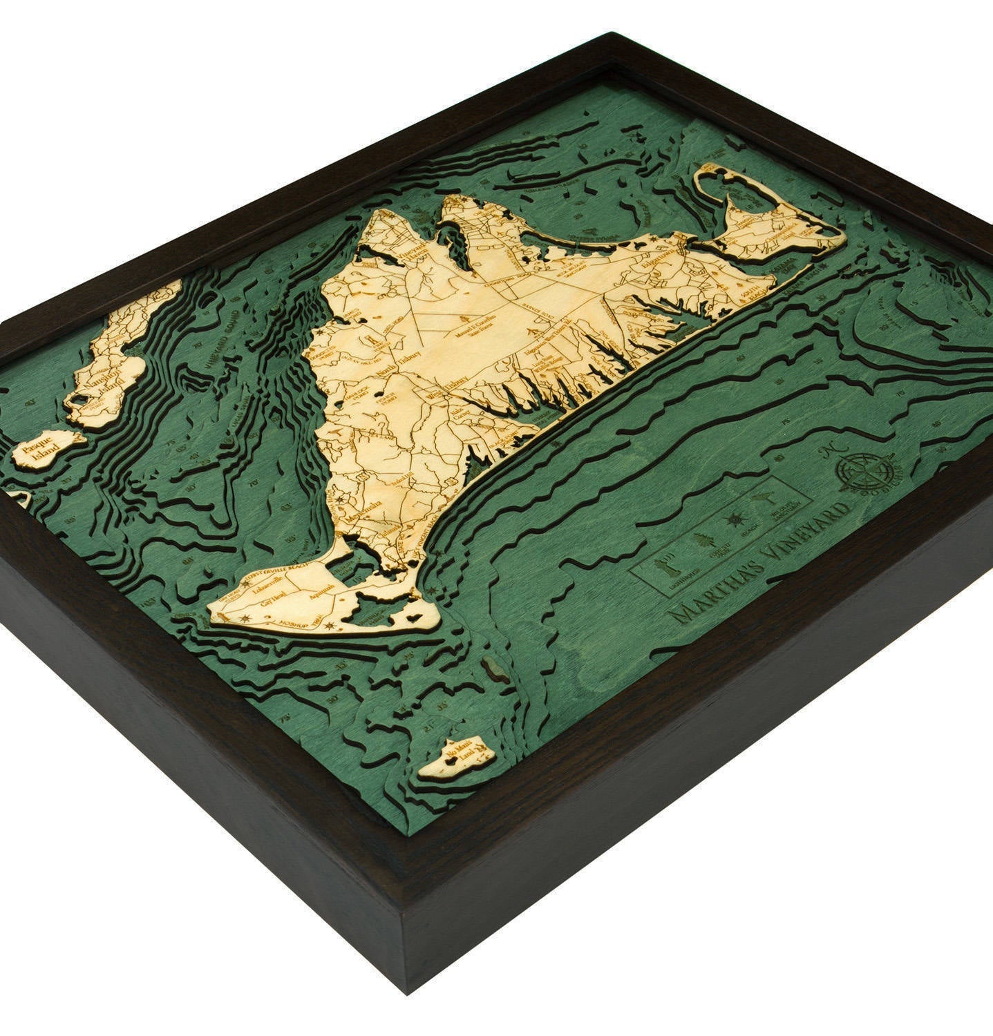Martha's Vineyard, Massachusetts 3D layered wood map in laser-cut Baltic birch, shown framed against a light wall
