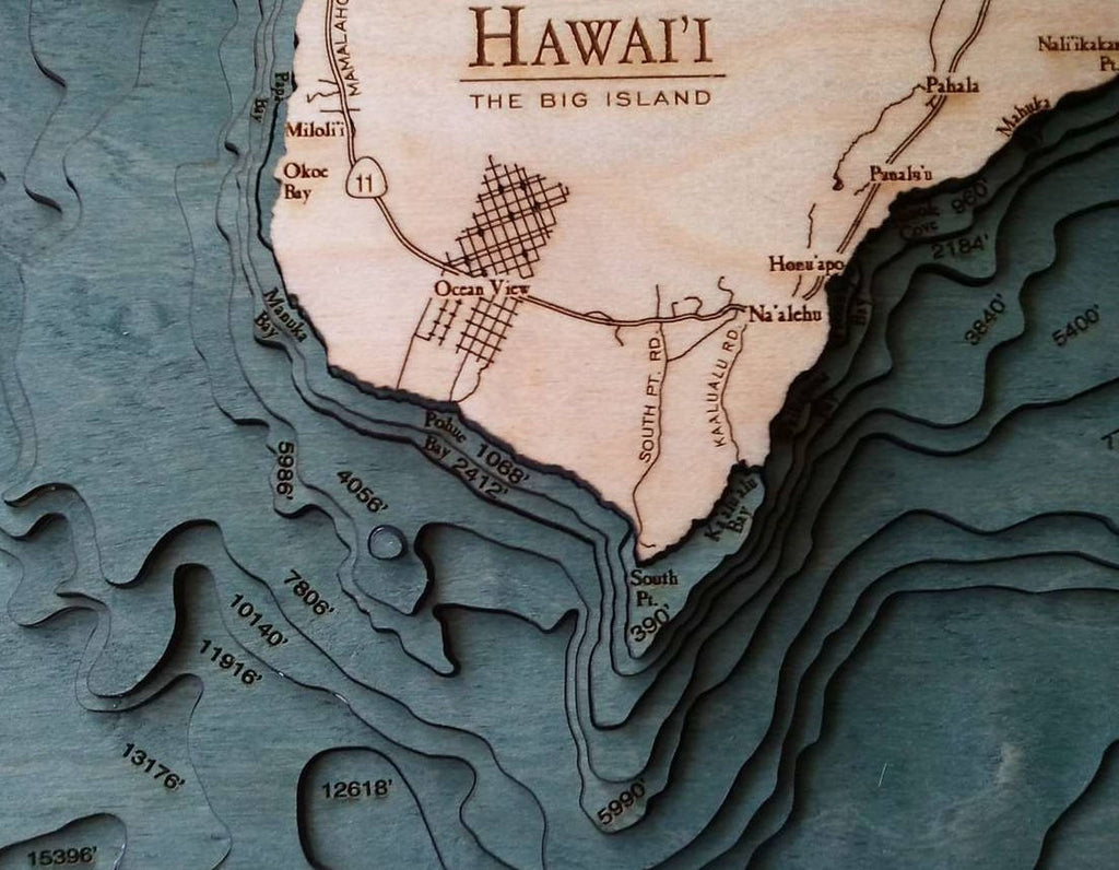 Hawaii (The Big Island) Wood Carved Topographic Depth Chart / Map - Nautical Lake Art