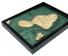 Maui, Hawaii 3D layered wood map in laser-cut Baltic birch, shown framed against a light wall