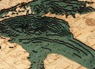 Lake Huron, Michigan 3D layered wood map in laser-cut Baltic birch, shown framed against a light wall