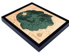 Crater Lake, Oregon 3D layered wood map in laser-cut Baltic birch, shown framed against a light wall