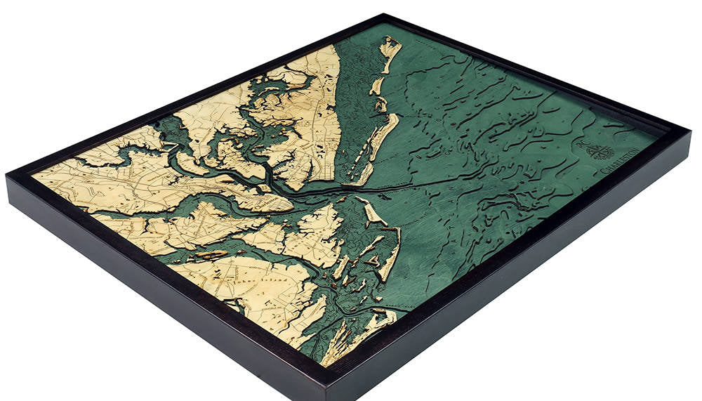 Charleston, South Carolina 3D layered wood map in laser-cut Baltic birch, shown framed against a light wall