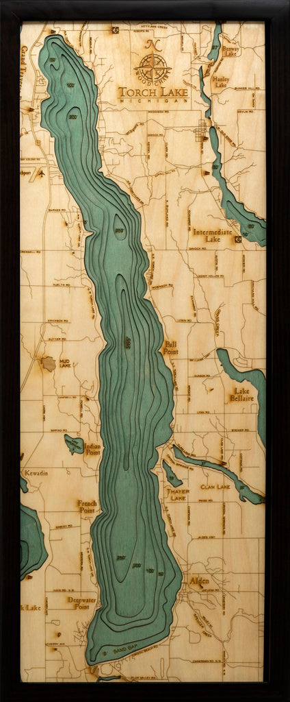 Torch Lake, Michigan Wood Carved Topographic Depth Chart / Map - Nautical Lake Art