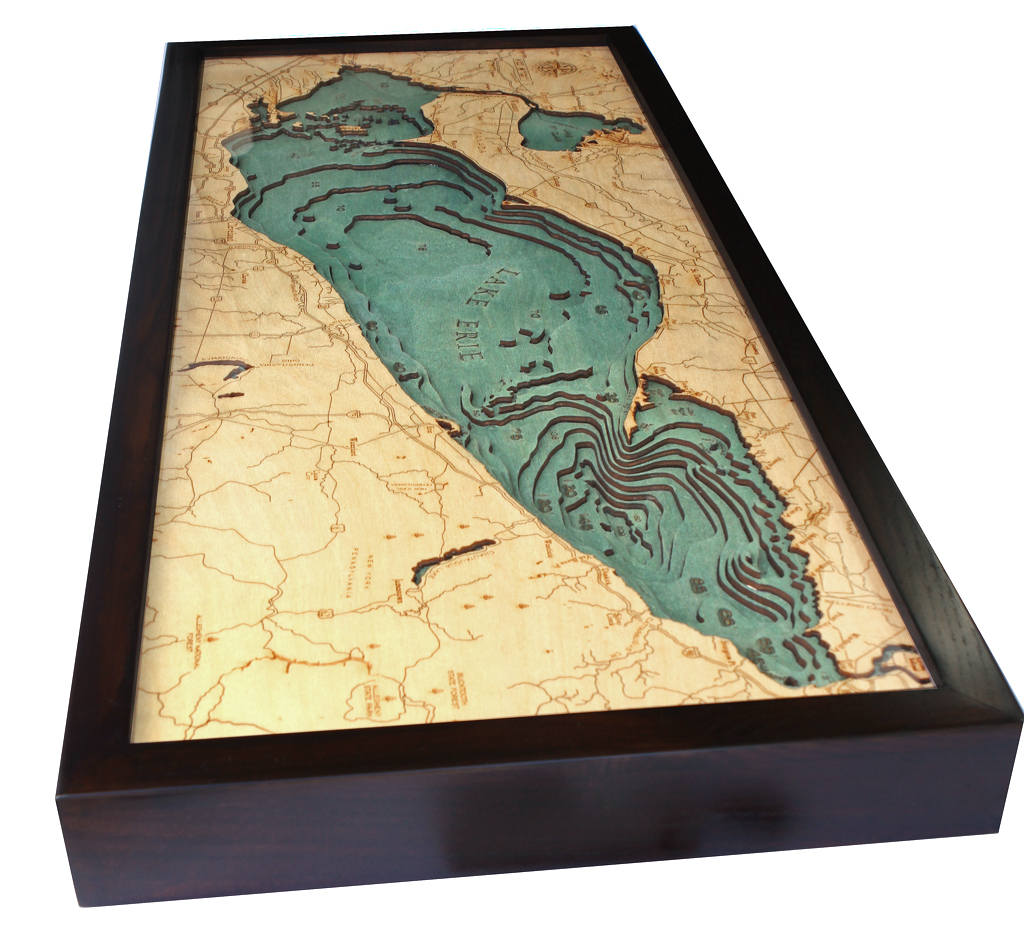 Lake Erie 3D layered wood map in laser-cut Baltic birch, shown framed against a light wall