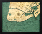Cape May, New Jersey 3D layered wood map in laser-cut Baltic birch, shown framed against a light wall