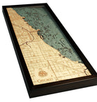 Chicago, Illinois 3D layered wood map in laser-cut Baltic birch, shown framed against a light wall