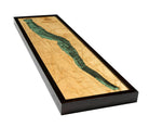Seneca Lake, New York 3D layered wood map in laser-cut Baltic birch, shown framed against a light wall