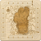 Lake Tahoe, California wood cribbage board in laser-cut Baltic birch, shown framed against a light wall
