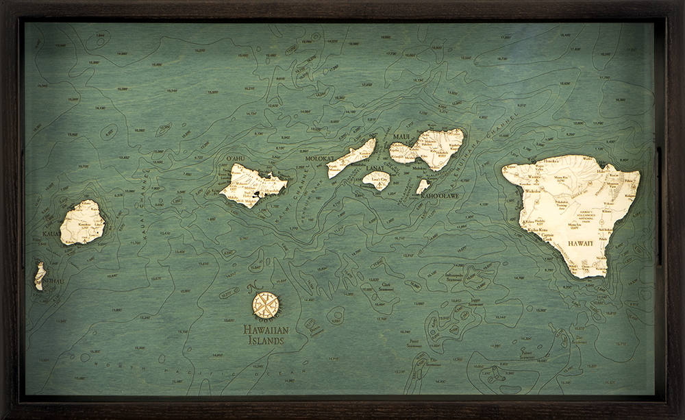 Hawaiian Islands wood serving tray in laser-cut Baltic birch, shown framed against a light wall