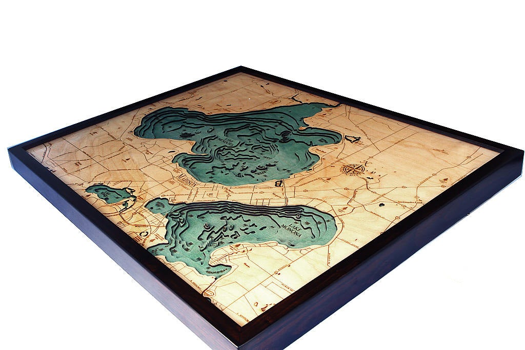 Lake Mendota & Monona, Wisconsin 3D layered wood map in laser-cut Baltic birch, shown framed against a light wall