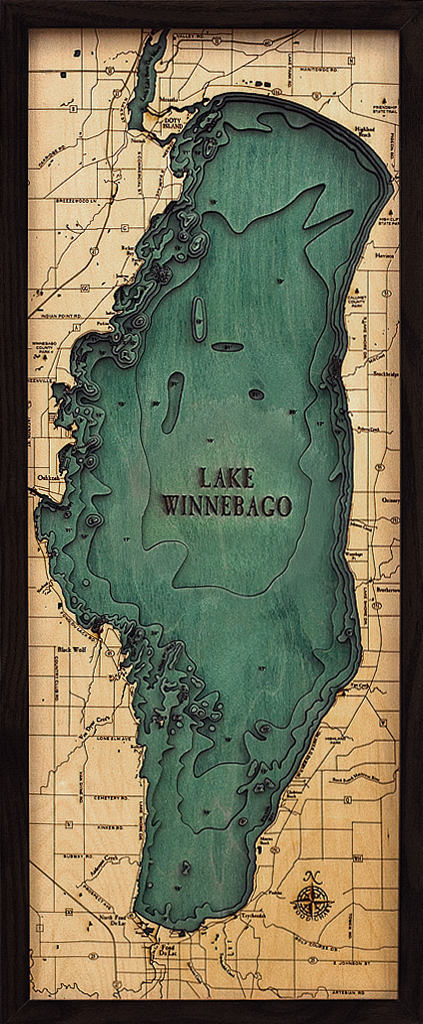 Lake Winnebago, Wisconsin 3D layered wood map in laser-cut Baltic birch, shown framed against a light wall