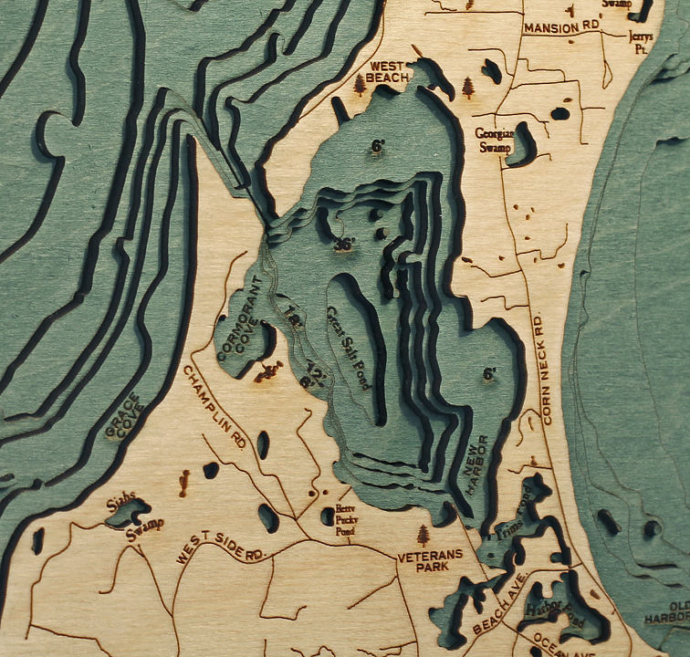 Block Island, Rhode Island 3D layered wood map in laser-cut Baltic birch, shown framed against a light wall