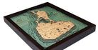Block Island, Rhode Island 3D layered wood map in laser-cut Baltic birch, shown framed against a light wall