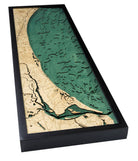 Myrtle Beach, South Carolina 3D layered wood map in laser-cut Baltic birch, shown framed against a light wall