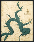 Lake Travis, Texas 3D layered wood map in laser-cut Baltic birch, shown framed against a light wall