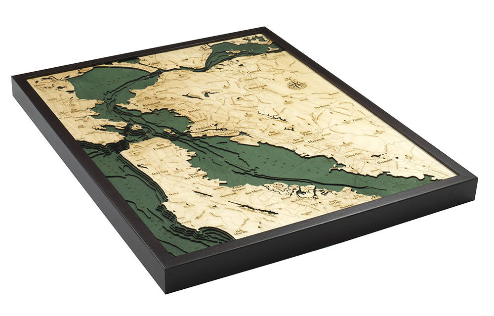San Francisco, California 3D layered wood map in laser-cut Baltic birch, shown framed against a light wall