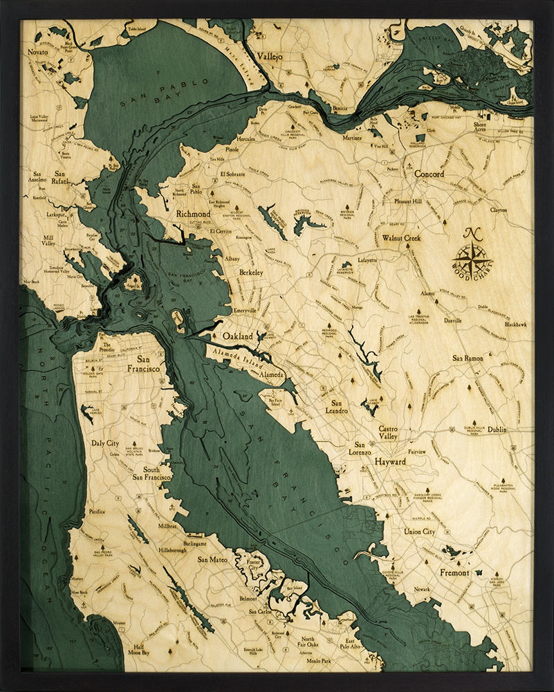 San Francisco, California 3D layered wood map in laser-cut Baltic birch, shown framed against a light wall
