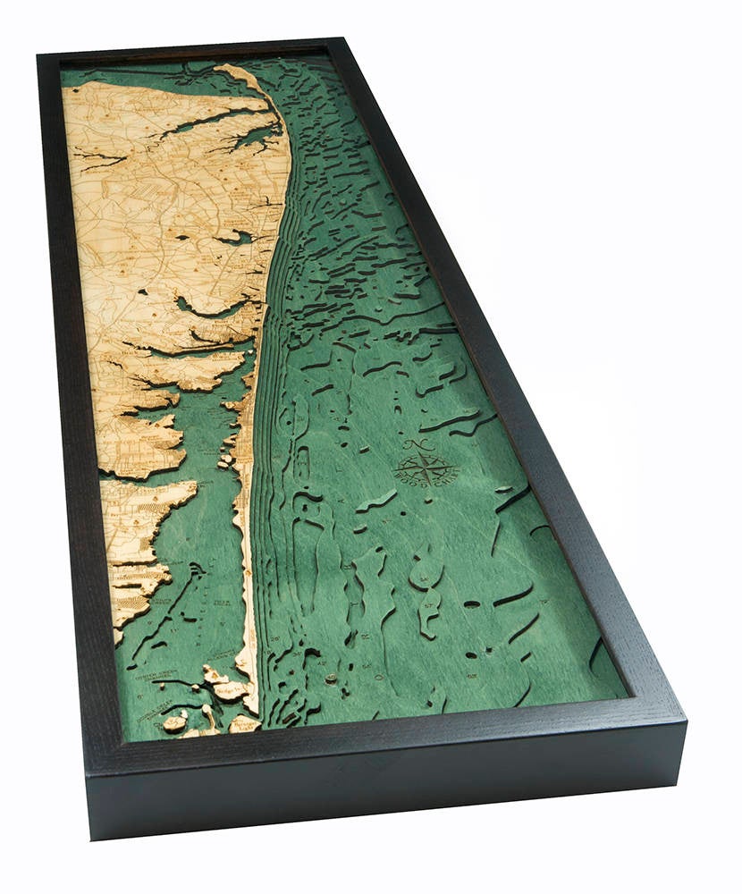 New Jersey North Shore 3D layered wood map in laser-cut Baltic birch, shown framed against a light wall
