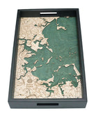 Boston Harbor, Massachusetts wood serving tray in laser-cut Baltic birch, shown framed against a light wall
