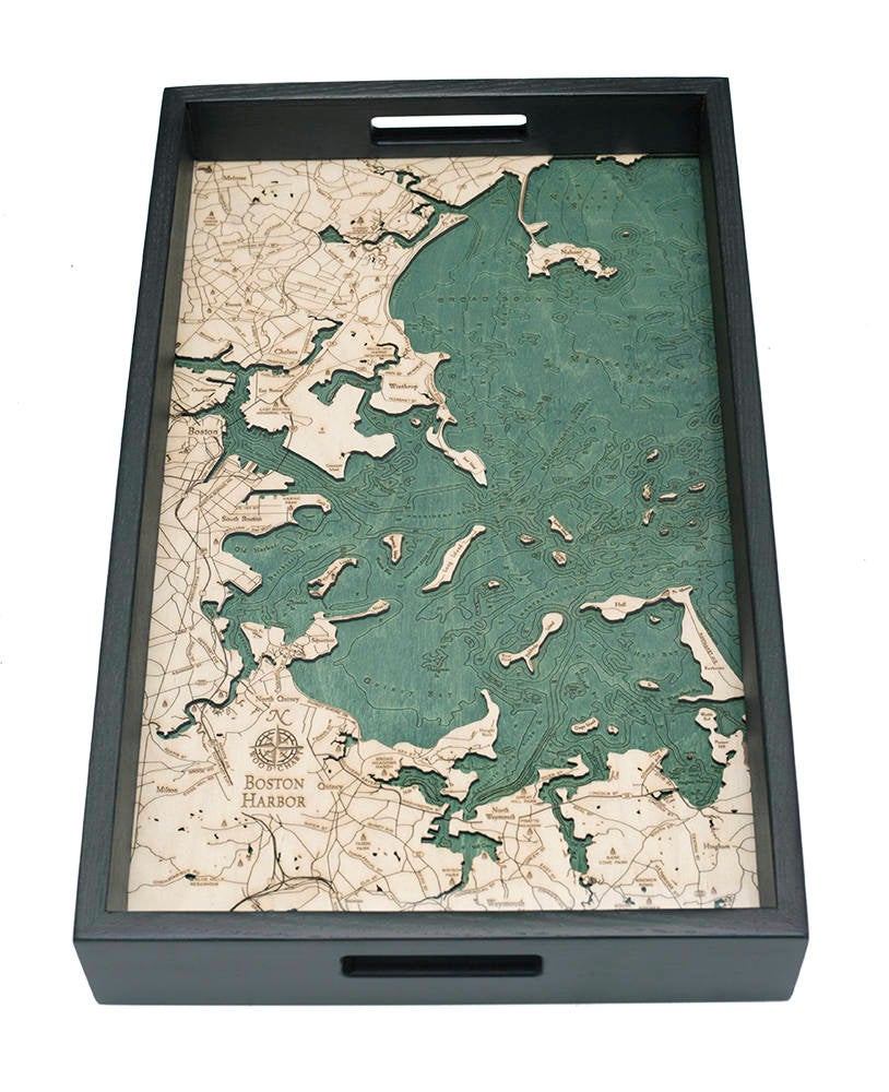 Boston Harbor, Massachusetts wood serving tray in laser-cut Baltic birch, shown framed against a light wall