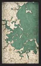 Boston Harbor, Massachusetts wood serving tray in laser-cut Baltic birch, shown framed against a light wall