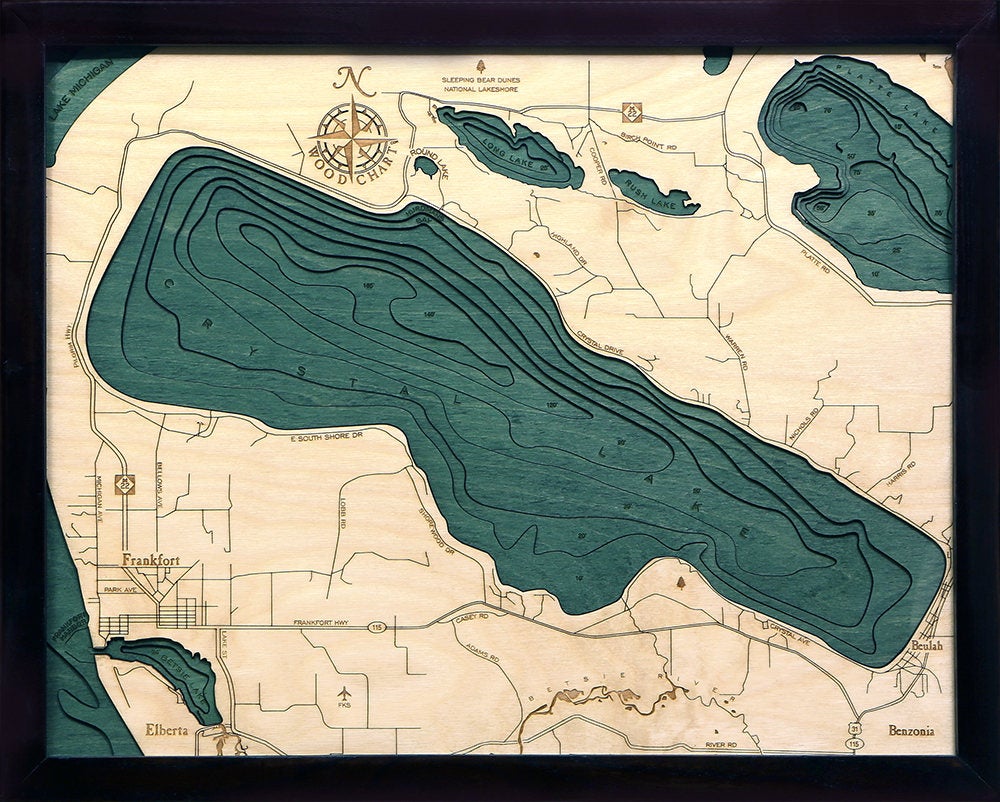 Crystal Lake Wood Carved Topographic Depth Chart / Map - Nautical Lake Art