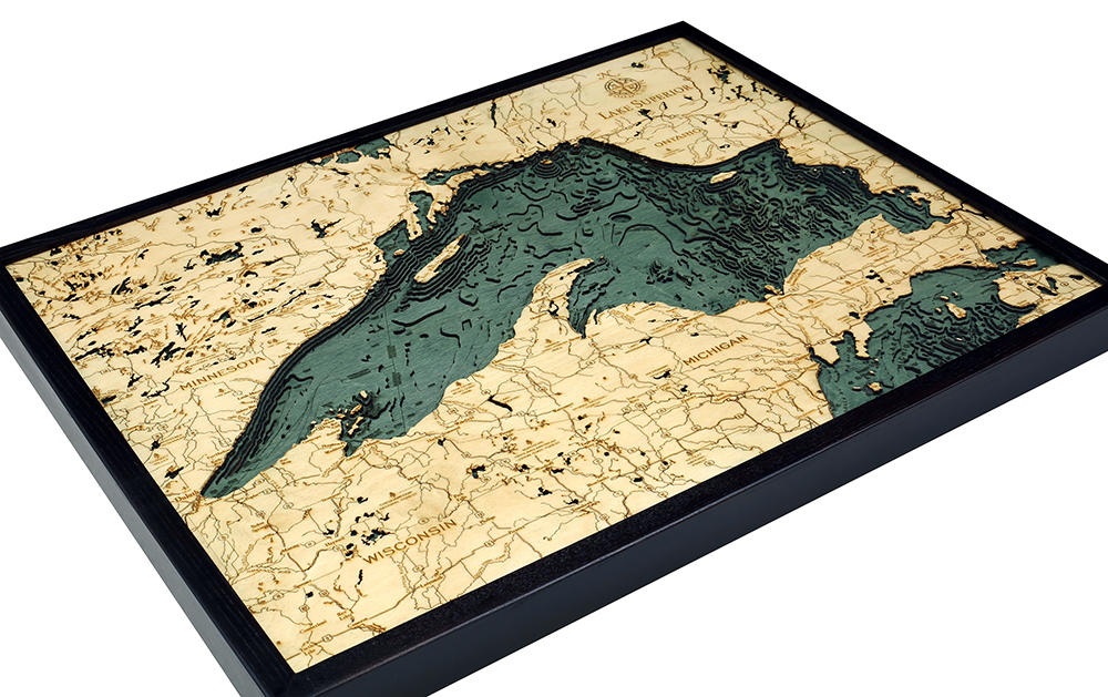 Lake Superior, Michigan 3D layered wood map in laser-cut Baltic birch, shown framed against a light wall