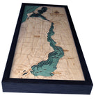 Lake Leelanau, Michigan 3D layered wood map in laser-cut Baltic birch, shown framed against a light wall