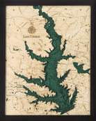 Lake Conroe, Texas 3D layered wood map in laser-cut Baltic birch, shown framed against a light wall