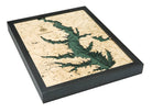 Lake Conroe, Texas 3D layered wood map in laser-cut Baltic birch, shown framed against a light wall