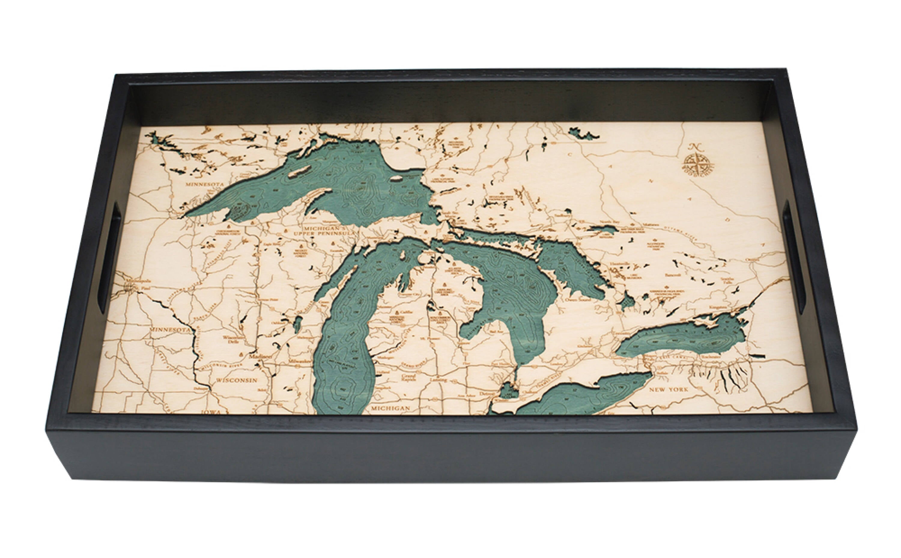 Great Lakes wood serving tray in laser-cut Baltic birch, shown framed against a light wall