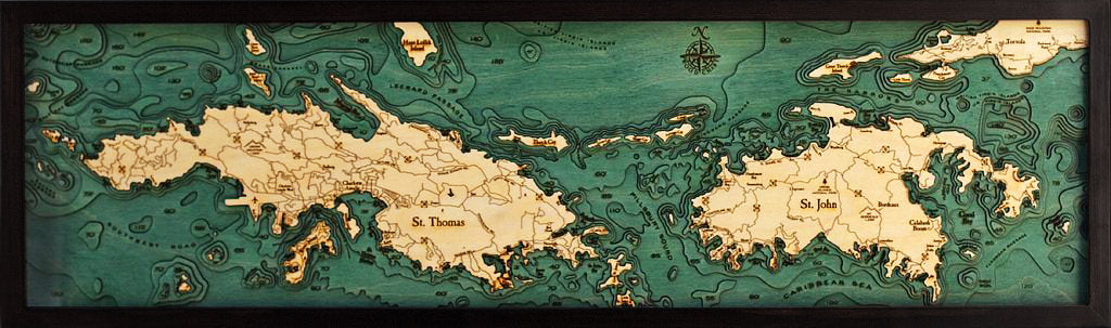 Virgin Islands, Caribbean 3D layered wood map in laser-cut Baltic birch, shown framed against a light wall