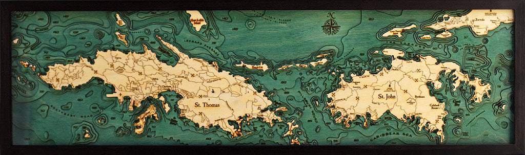 Virgin Islands Wood Carved Topographic Depth Chart / Map - Nautical Lake Art