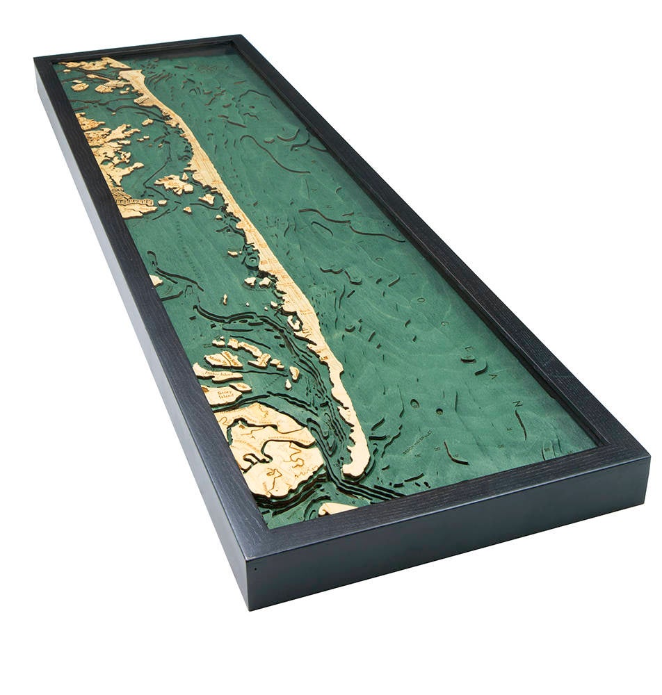 Long Beach Island, New Jersey 3D layered wood map in laser-cut Baltic birch, shown framed against a light wall