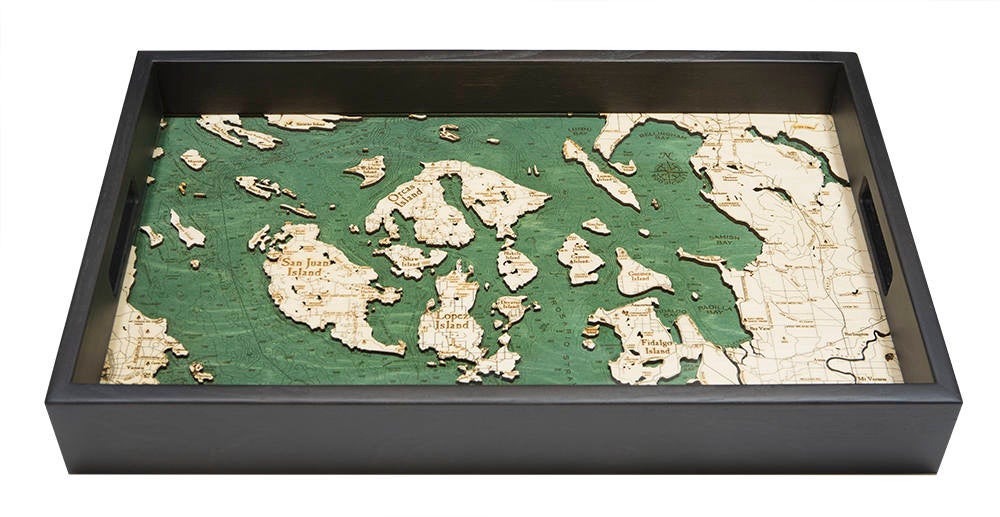 San Juan Islands, Washington wood serving tray in laser-cut Baltic birch, shown framed against a light wall