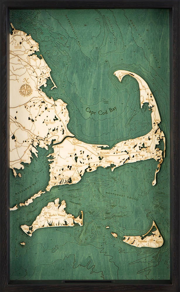Cape Cod, Massachusetts wood serving tray in laser-cut Baltic birch, shown framed against a light wall