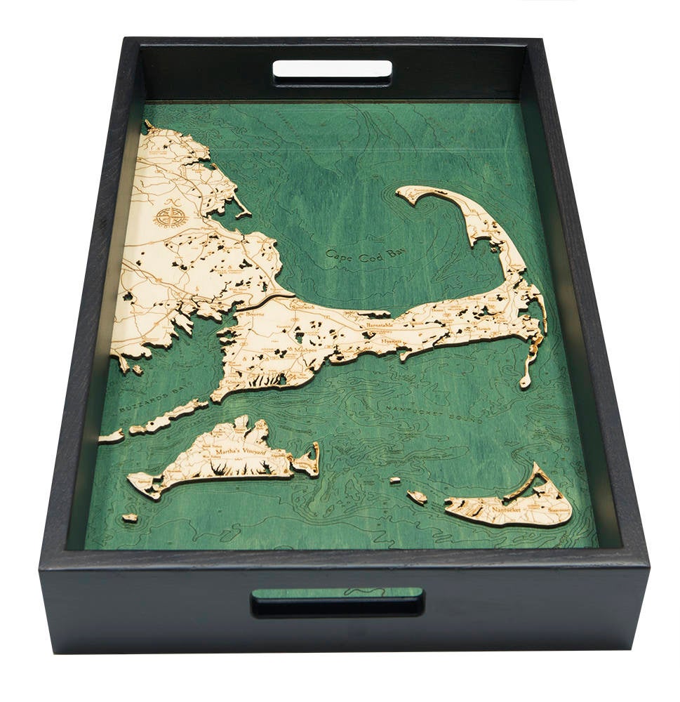 Cape Cod, Massachusetts wood serving tray in laser-cut Baltic birch, shown framed against a light wall