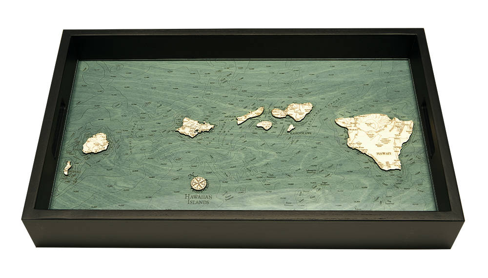 Hawaiian Islands wood serving tray in laser-cut Baltic birch, shown framed against a light wall