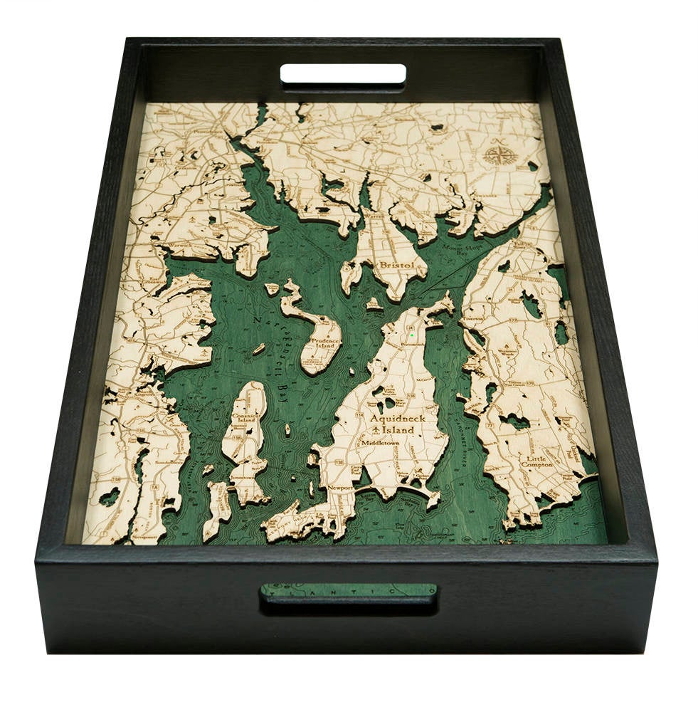 Narragansett, Rhode Island wood serving tray in laser-cut Baltic birch, shown framed against a light wall