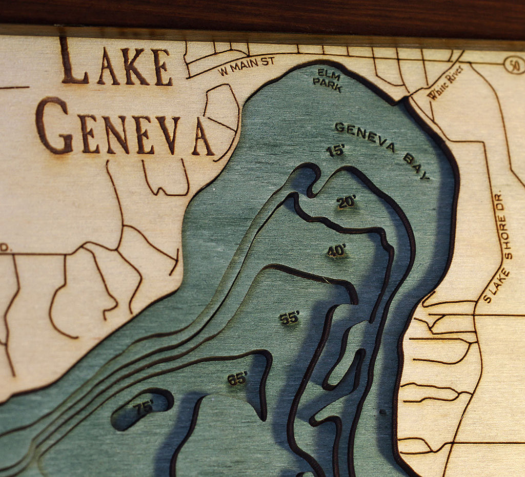 Lake Geneva, WI Wood Carved Topographic Depth Chart / Map - Nautical Lake Art