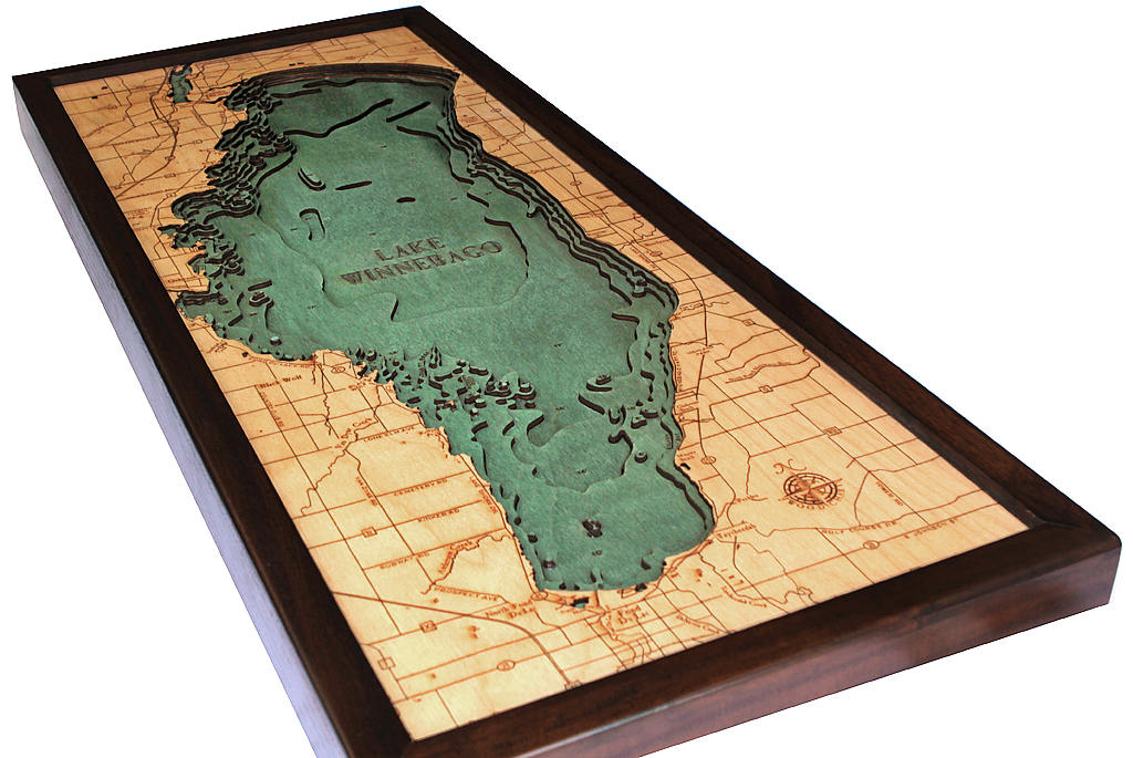 Lake Winnebago, Wisconsin 3D layered wood map in laser-cut Baltic birch, shown framed against a light wall