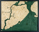 Staten Island, New York 3D layered wood map in laser-cut Baltic birch, shown framed against a light wall