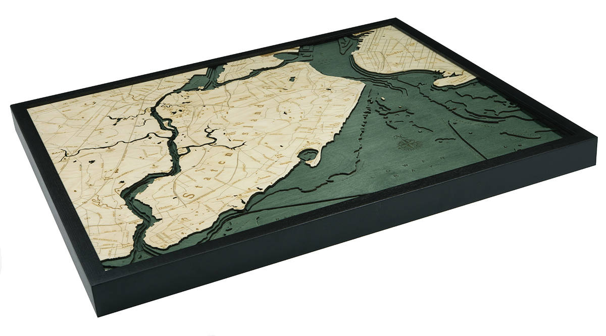 Staten Island, New York 3D layered wood map in laser-cut Baltic birch, shown framed against a light wall